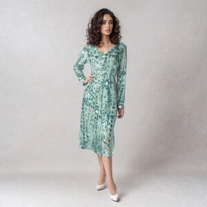 Vintage Eva Novelty Print Dress with Belt & Scarf | Green 70s Jersey Dress | S